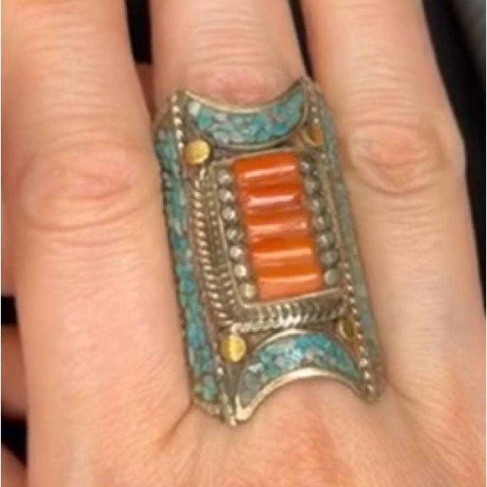 Vintage Tibet Turquoise coral chunky Statement Ring men unisex sizes 10.5-13